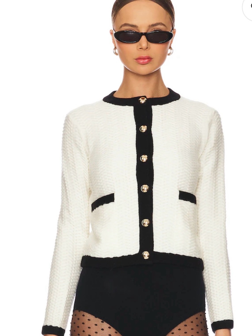 SIMKHAI cream Cropped Cardigan with Black Contrast Trim and gold bottoms size S
